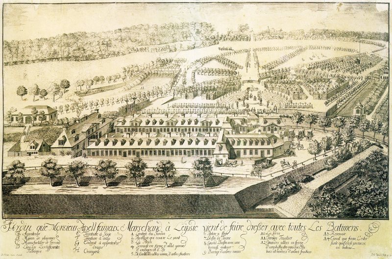 Historischer Kupferstich von Apels Garten in Leipzig: Gebäude und weitläufige barocke Gartenanlage