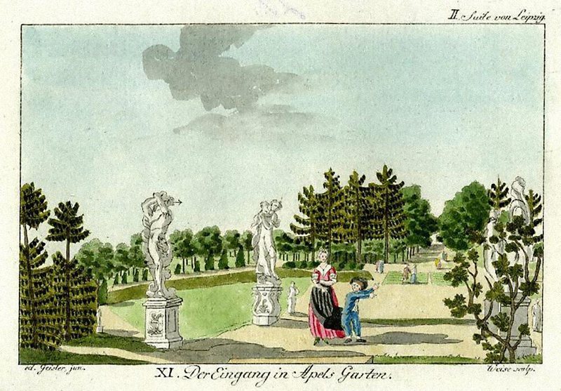 Kolorierter Kupferstich „Der Eingang in Apels Garten“ mit Skulpturen und Spaziergängern