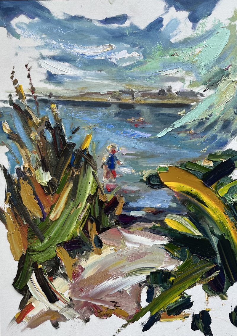 „Der Badesee“ von Noah Rennebaum – Öl auf Malplatte, Ansicht ohne Rahmen